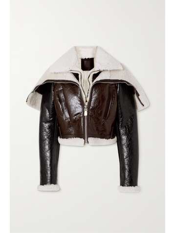 GIVENCHY Cropped layered crinkled glossed-leather and shearling jacket