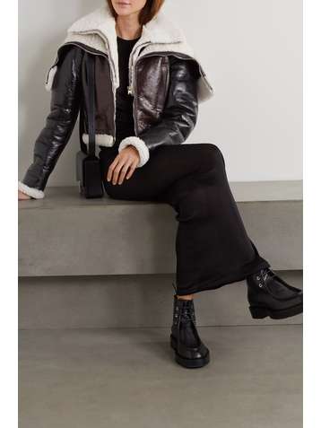 GIVENCHY Cropped layered crinkled glossed-leather and shearling jacket