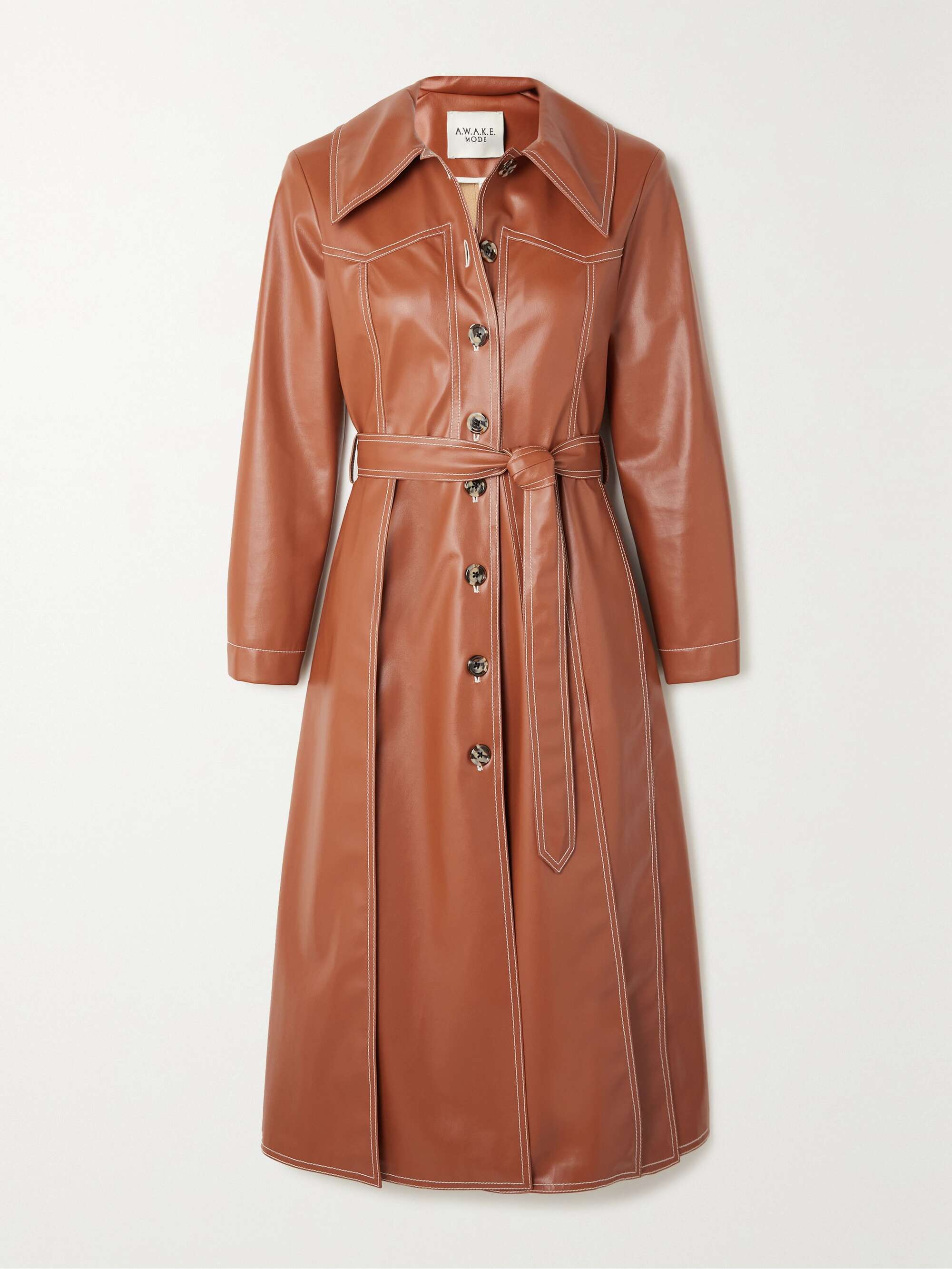 Belted faux leather trench coat