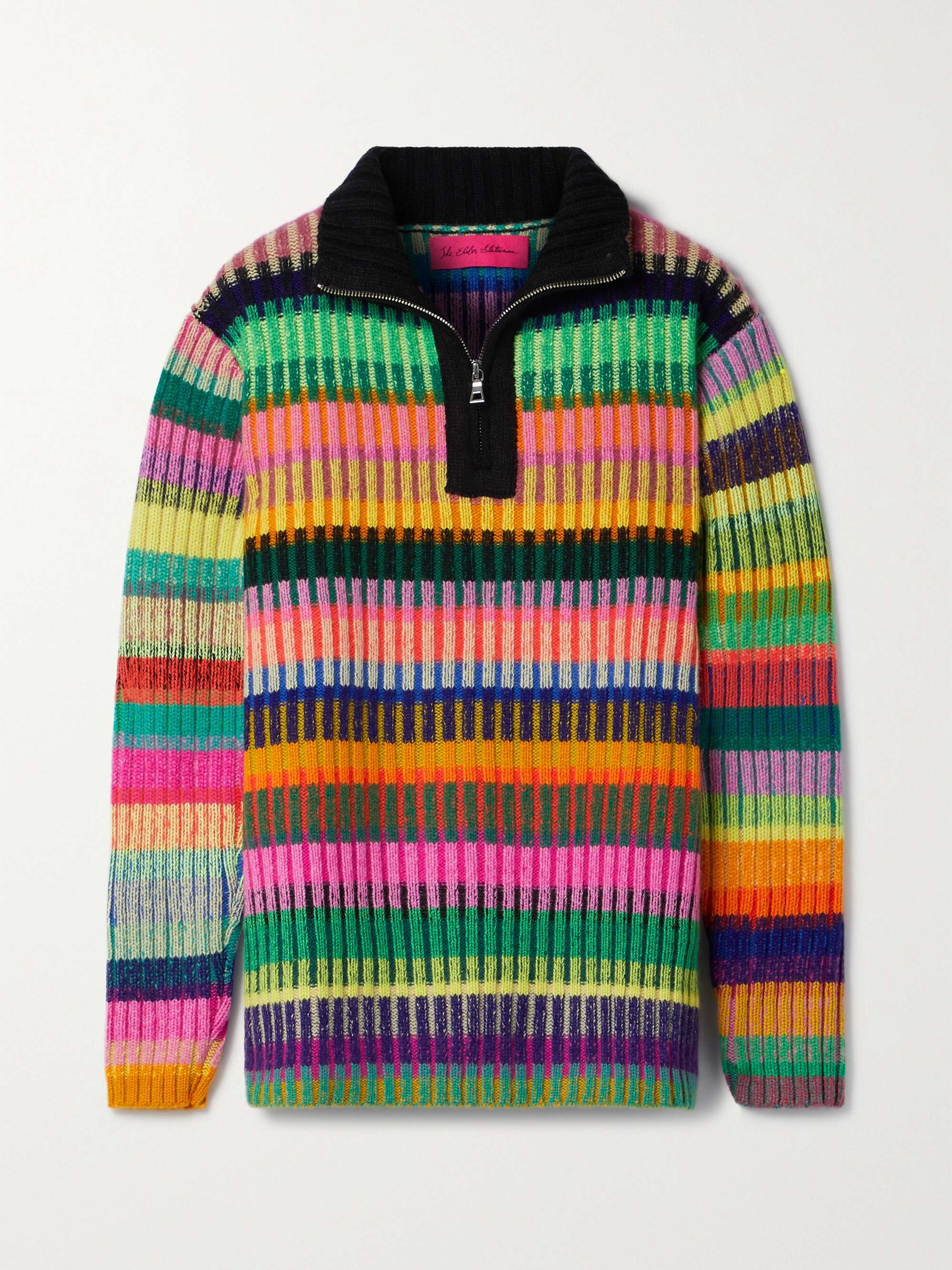 Ribbed striped cashmere half-zip sweater