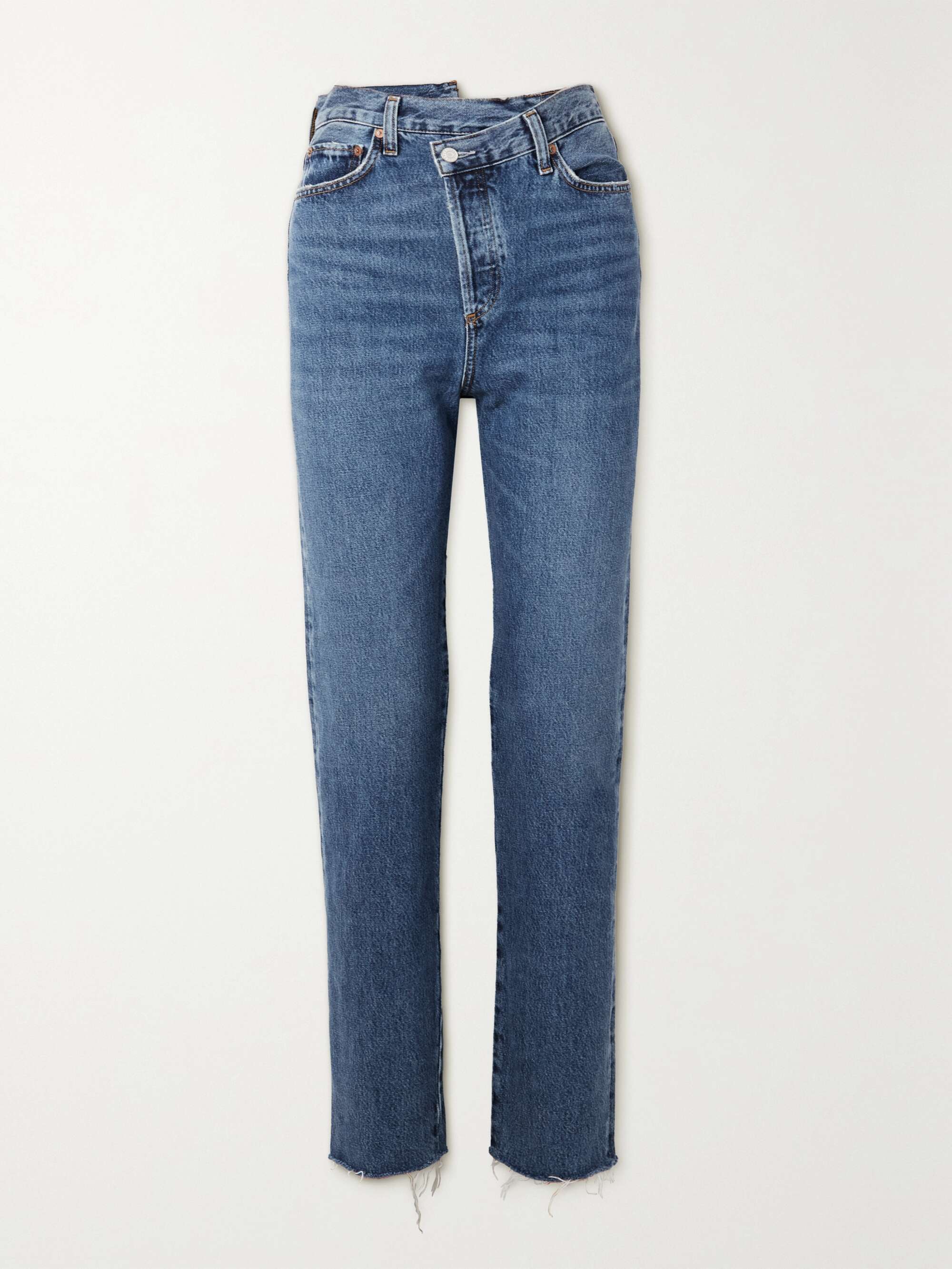 Criss Cross frayed high-rise straight-leg organic jeans