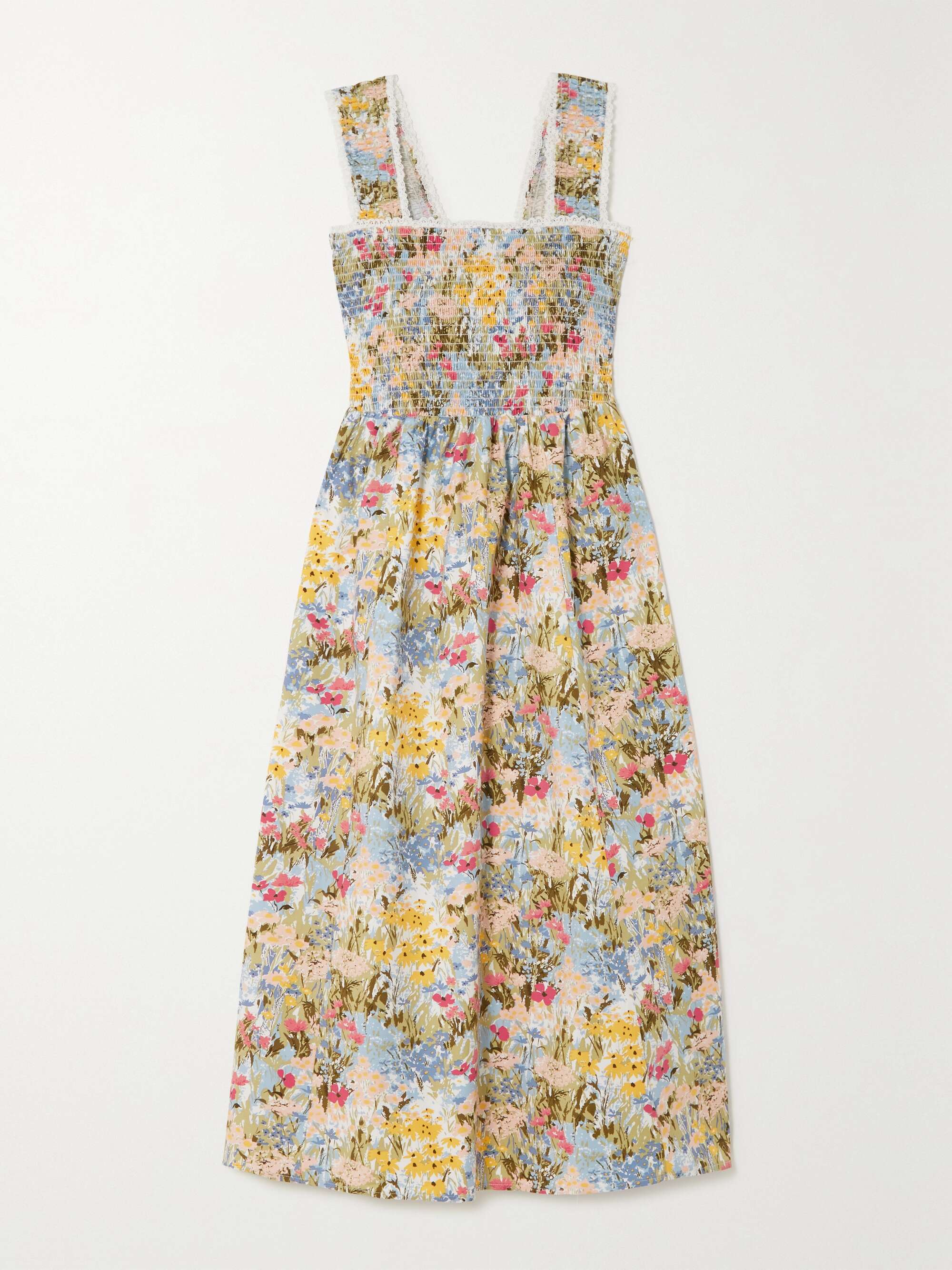 REFORMATION Villa lace-trimmed smocked floral-print organic cotton-blend  midi dress | NET-A-PORTER