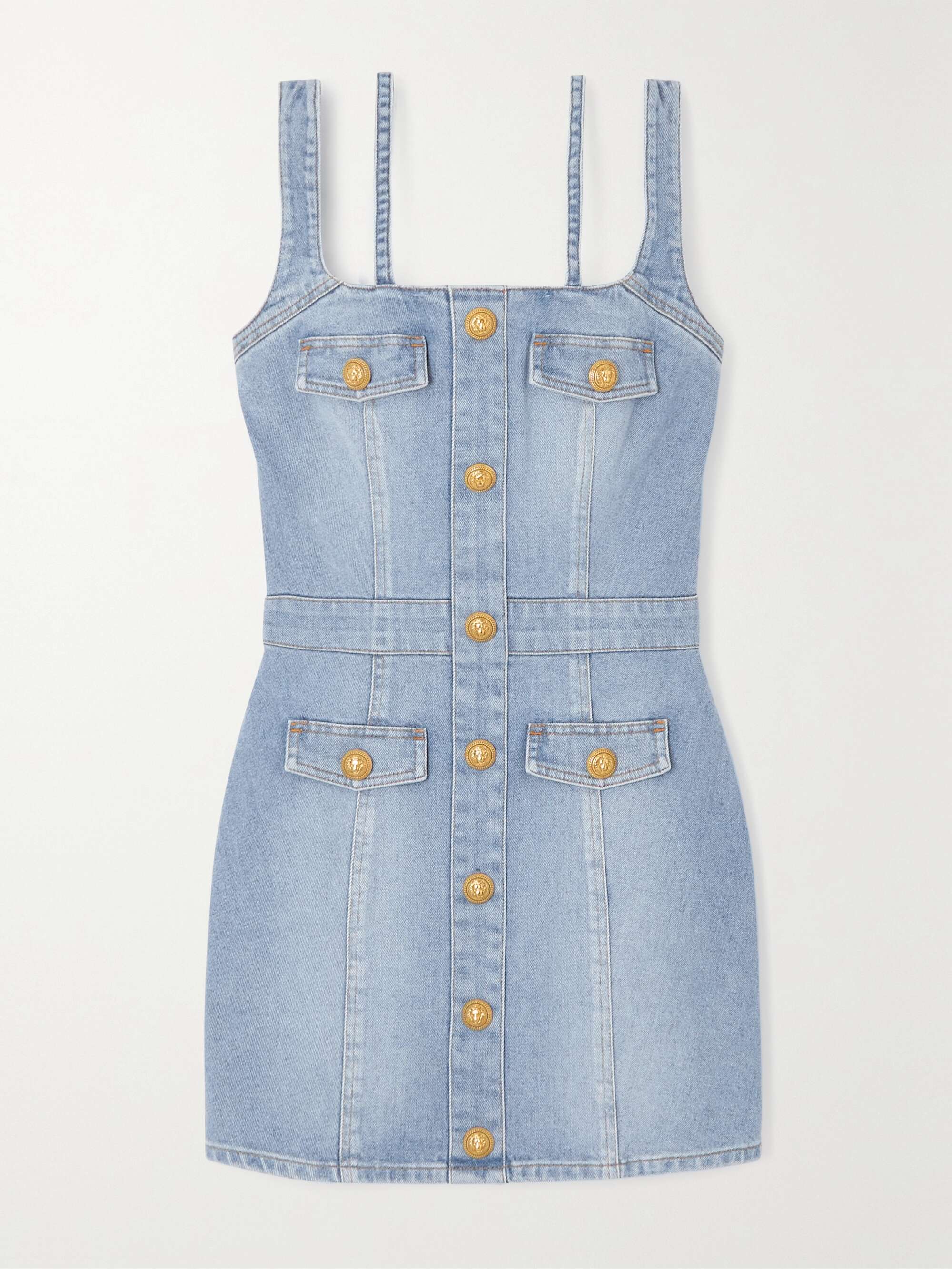 BALMAIN Button-embellished stretch-denim mini dress | NET-A-PORTER
