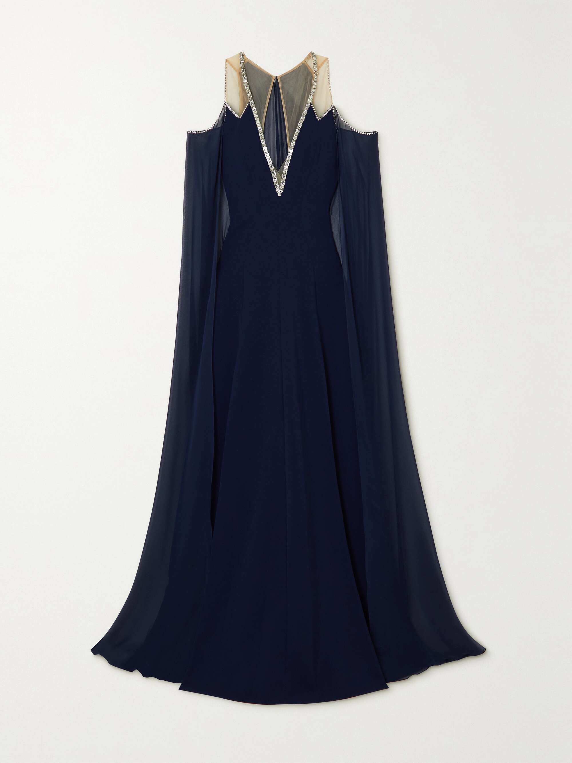 Vivien cold-shoulder cape-effect embellished crepe and chiffon gown