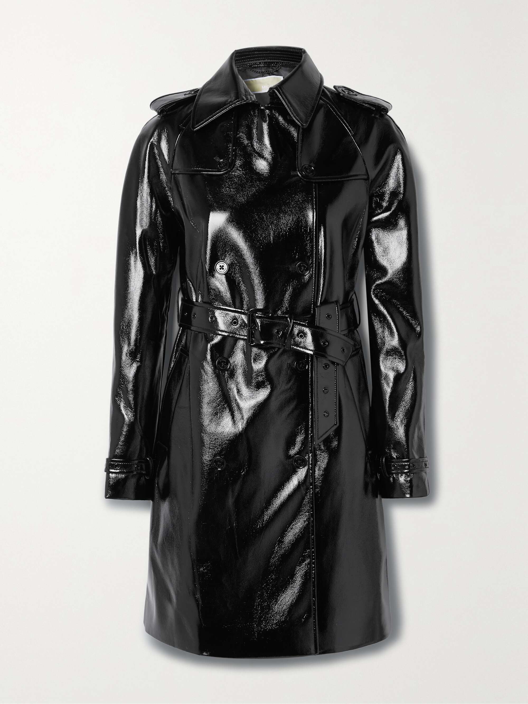 Belted Coat with Criss Cross Collar Black Technical Fabric with Crinkled  Effect