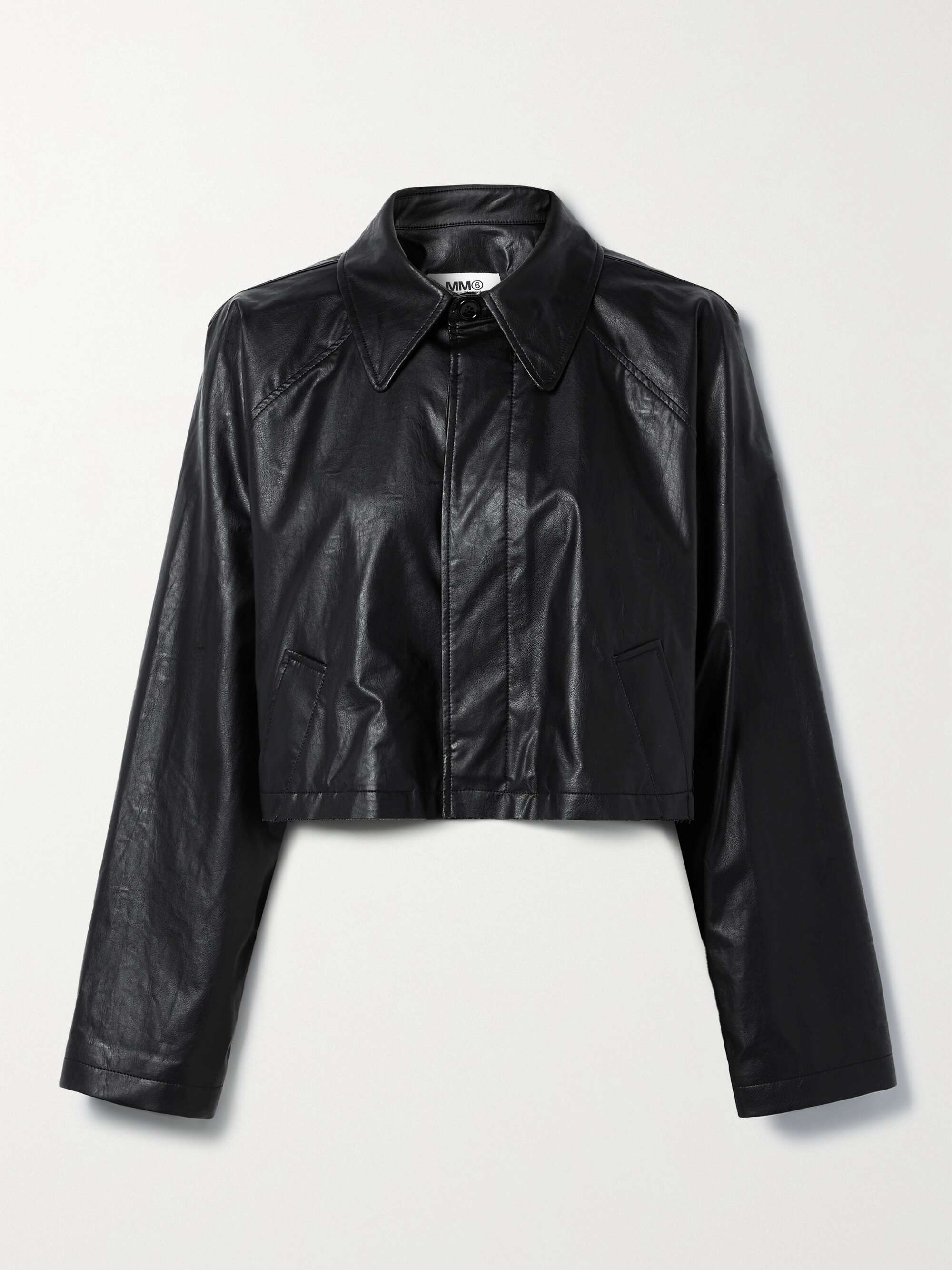 Cropped distressed faux leather jacket