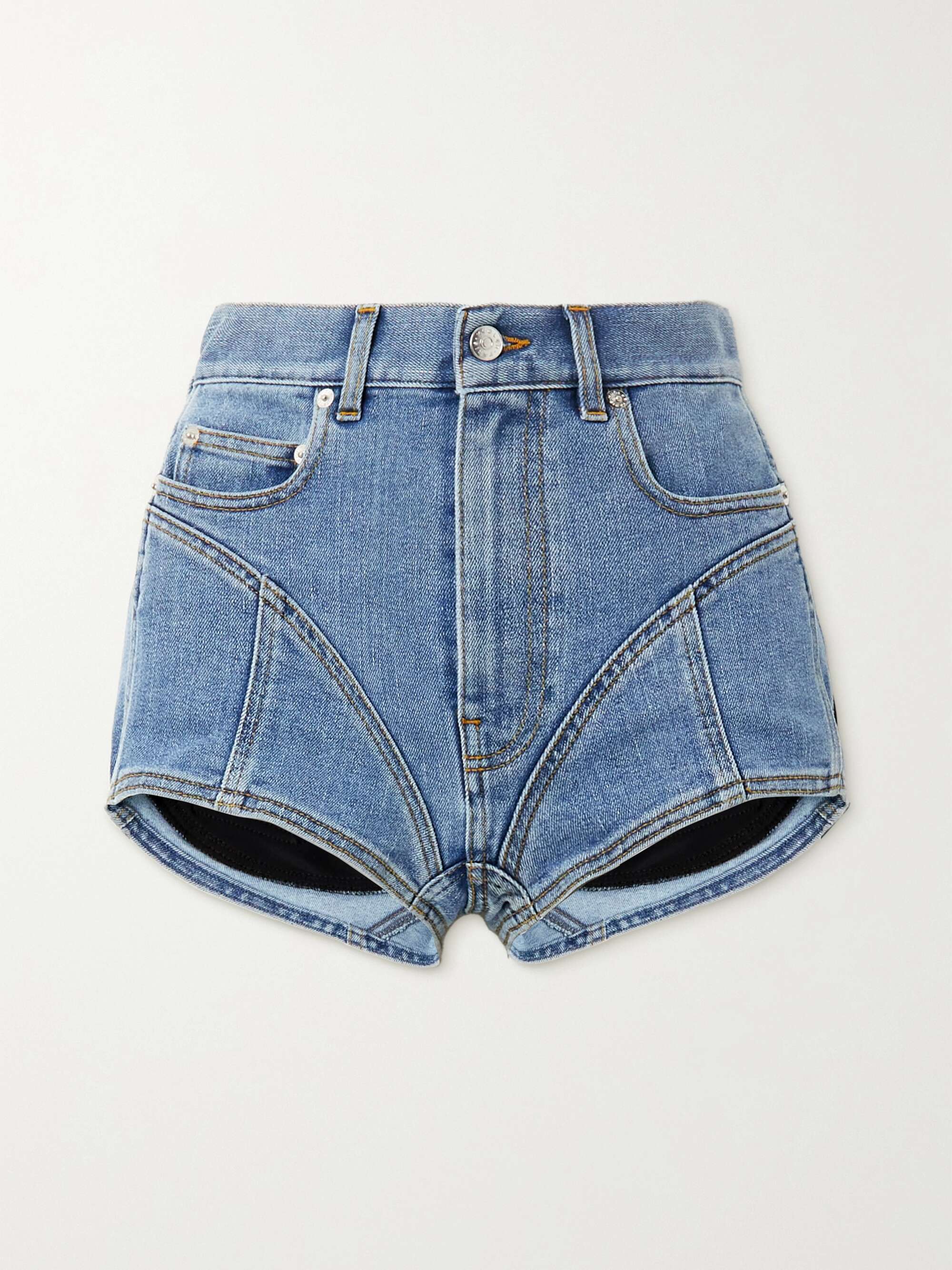 MUGLER Paneled denim and stretch-jersey shorts | NET-A-PORTER