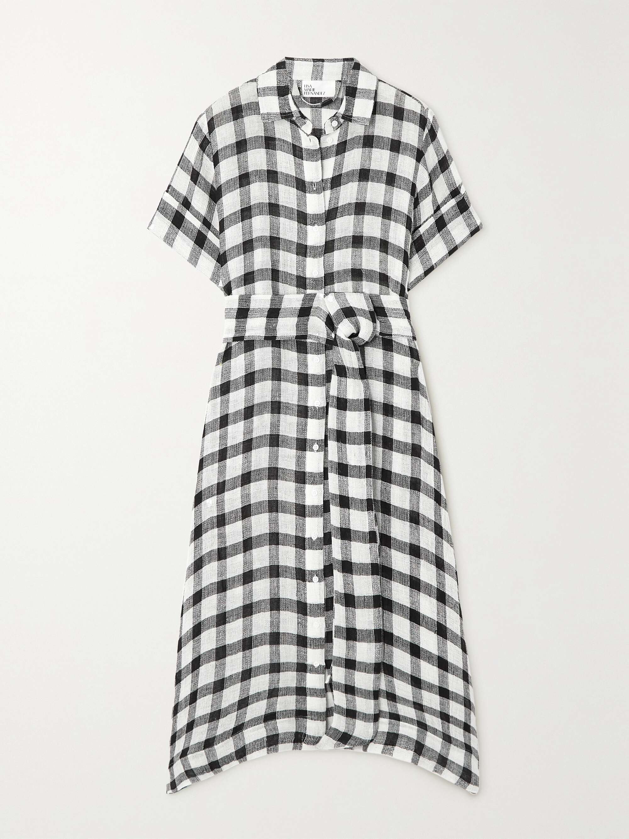 Belted gingham linen-blend gauze midi shirt dress