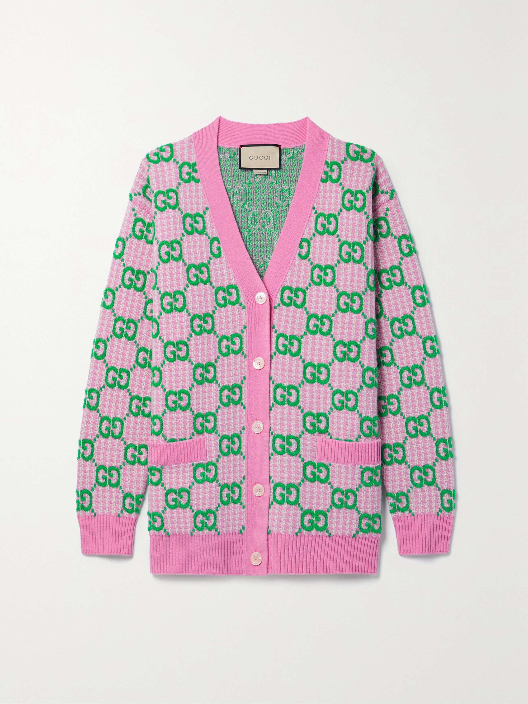 pink and green cardigan