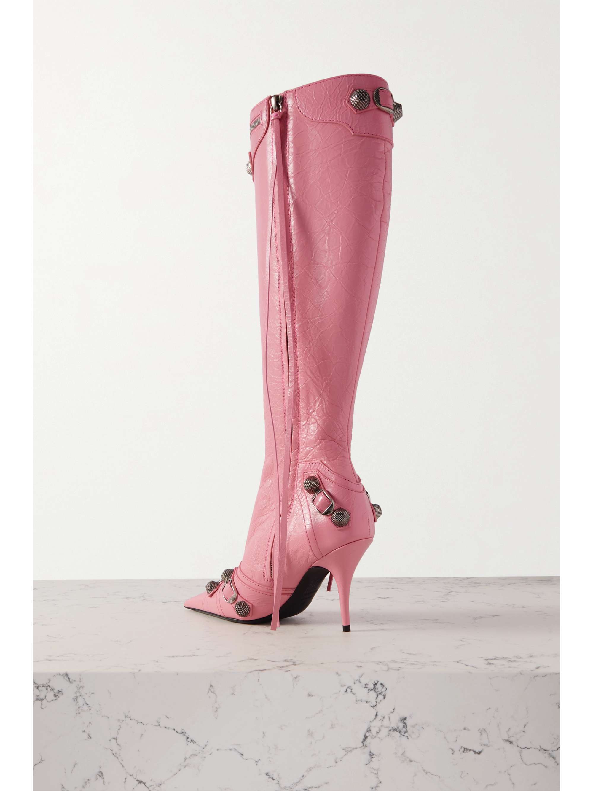 BALENCIAGA Cagole embellished textured-leather knee boots
