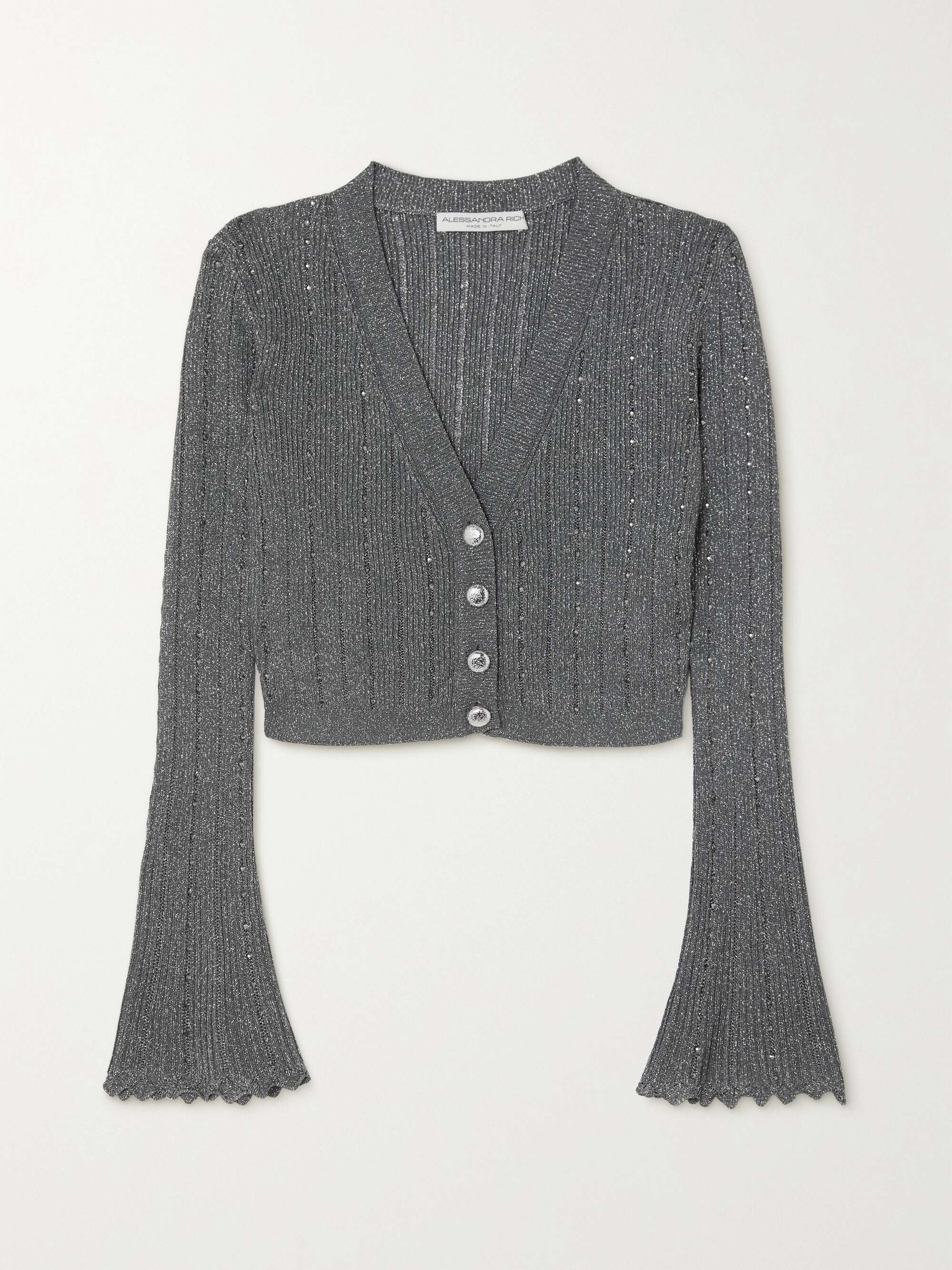 ALESSANDRA RICH Cropped crystal-embellished metallic ribbed-knit cardigan |  NET-A-PORTER