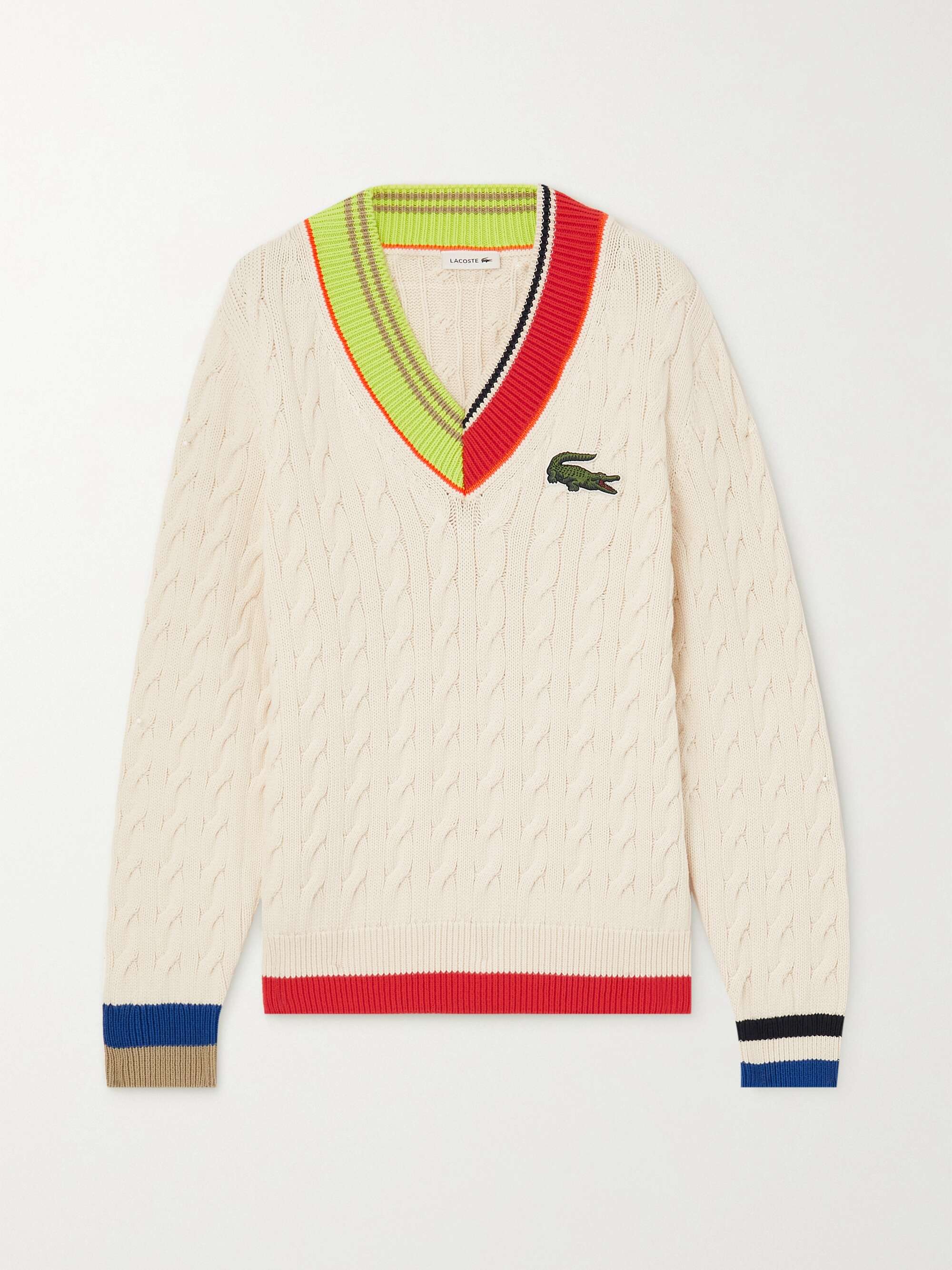 LACOSTE Embroidered cable-knit cotton-blend sweater | NET-A-PORTER