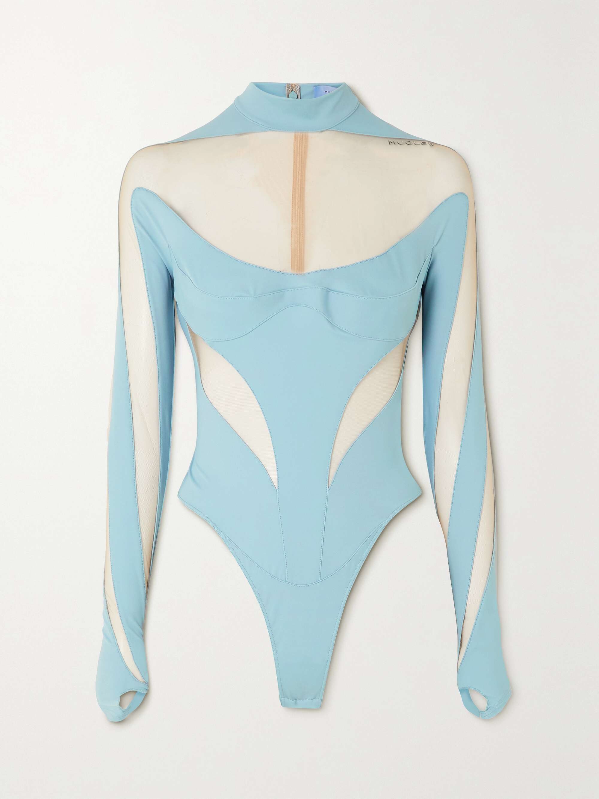 Cutout stretch-jersey and tulle bodysuit
