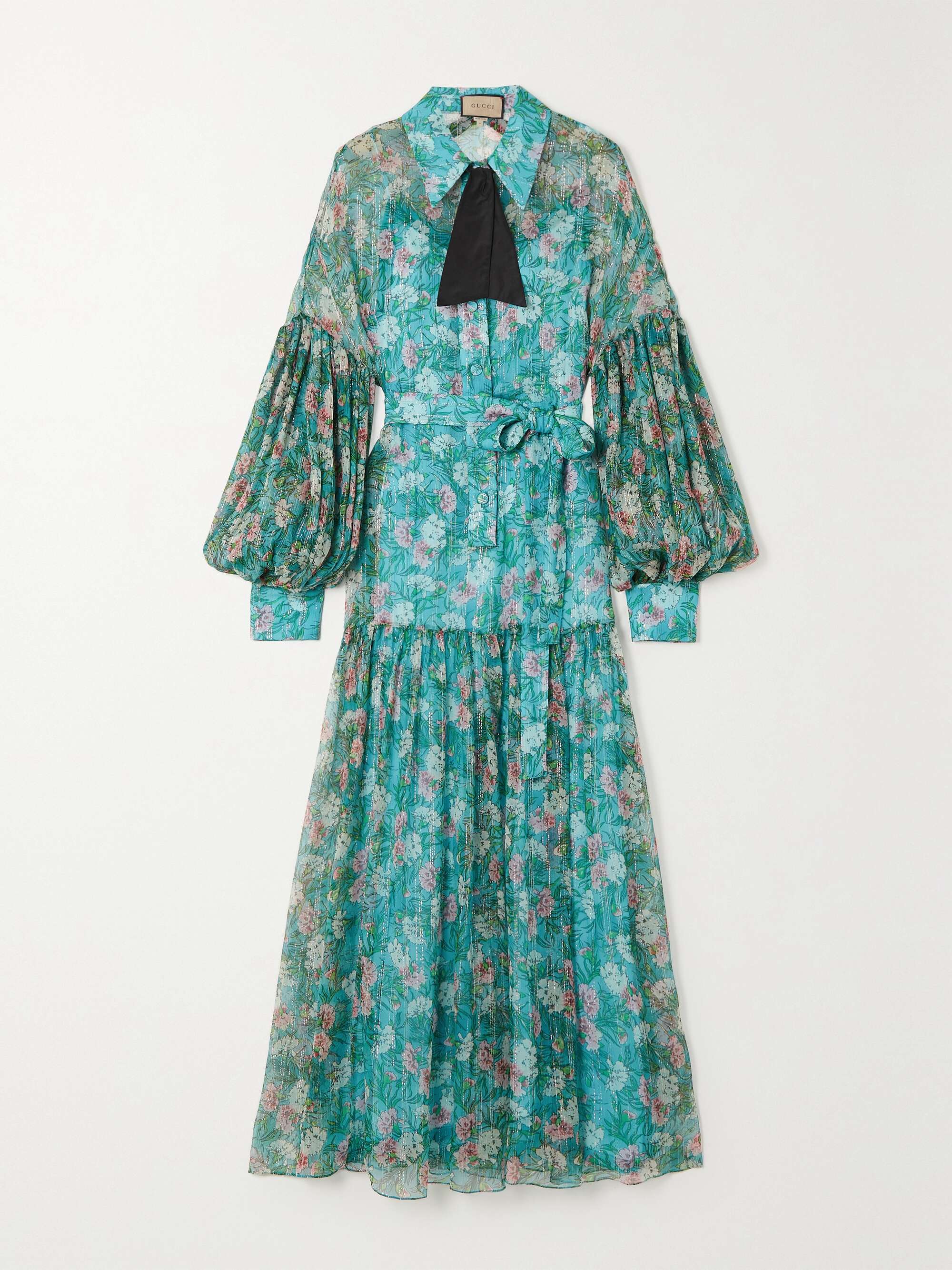 GUCCI Tie-neck floral-print metallic silk-crepon maxi dress | NET-A-PORTER