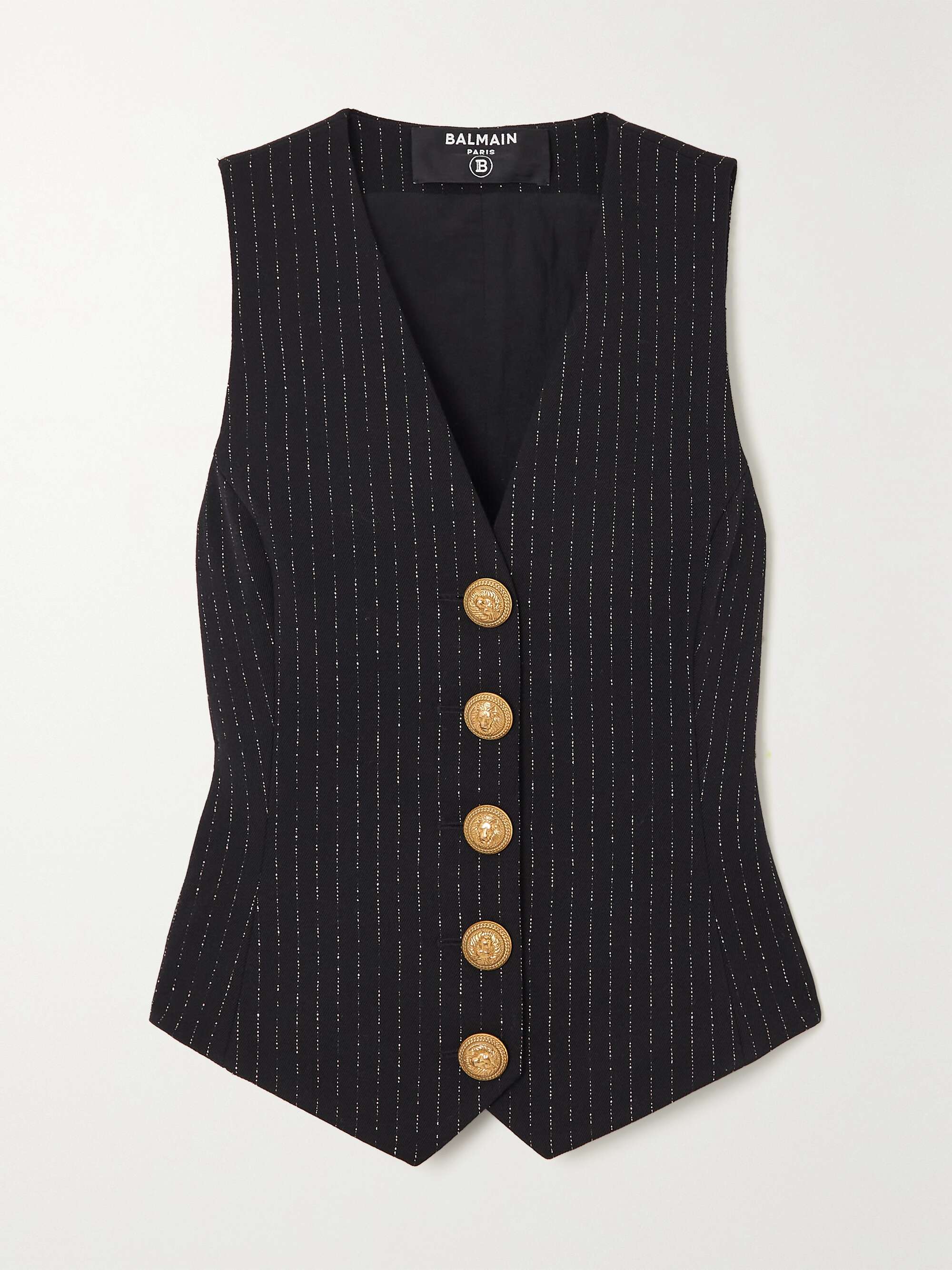 Pinstriped metallic wool-blend gabardine vest