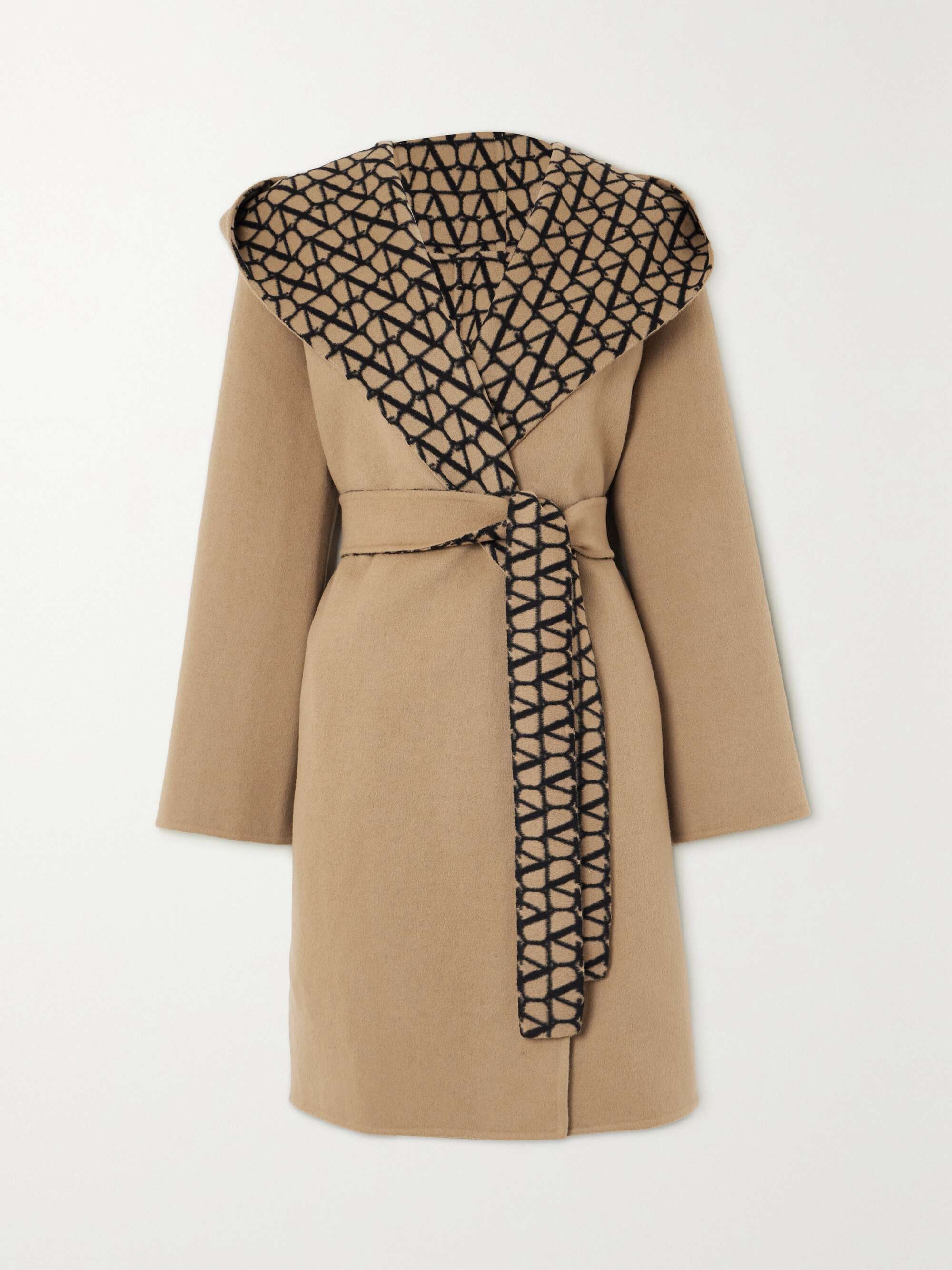 Valentino Garavani Reversible Hooded Printed Wool and Silk-Blend Coat - Women - Tan Belted Coats - Xxs