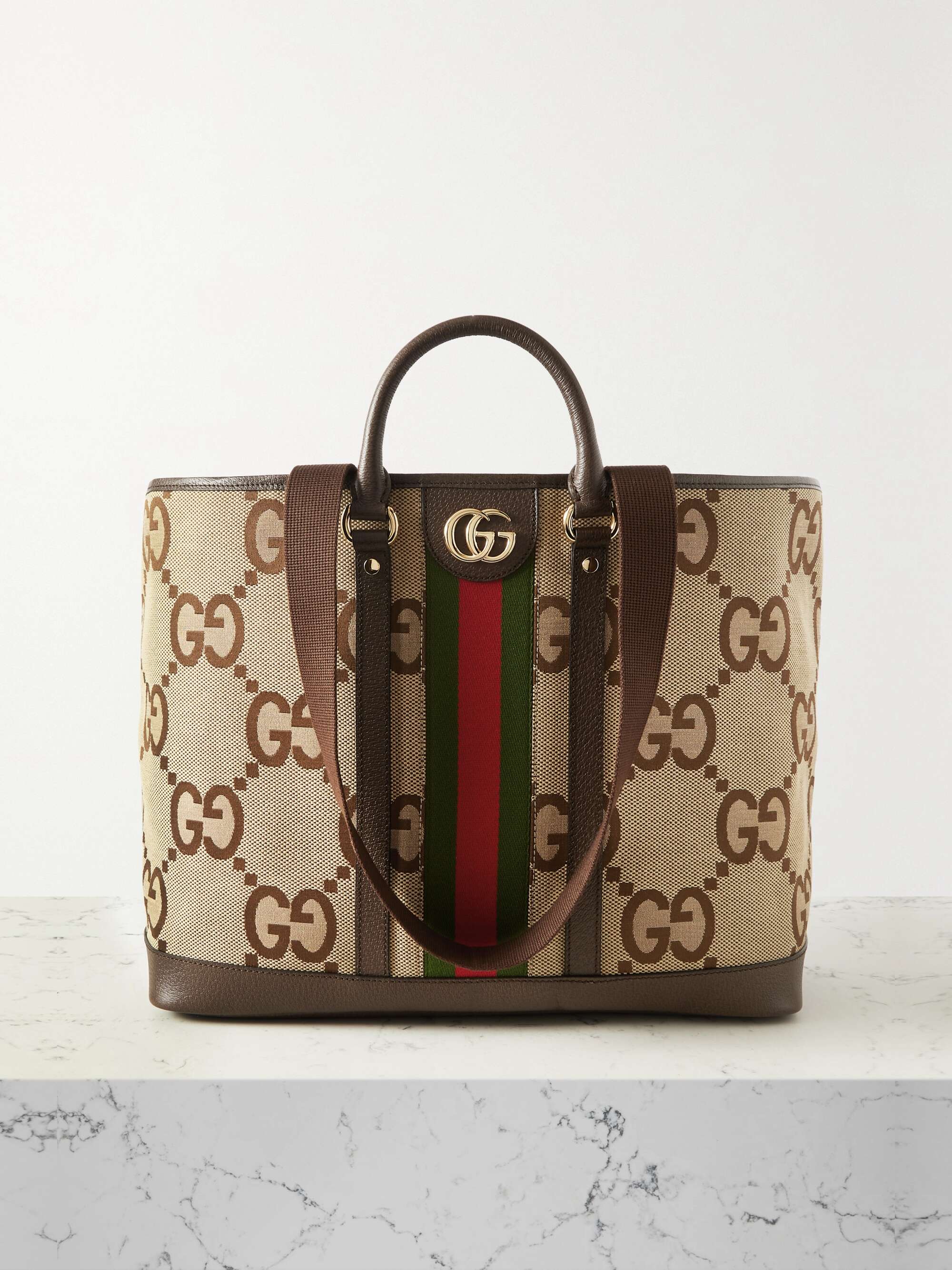 GUCCI GG Jumbo leather-trimmed canvas-jacquard tote