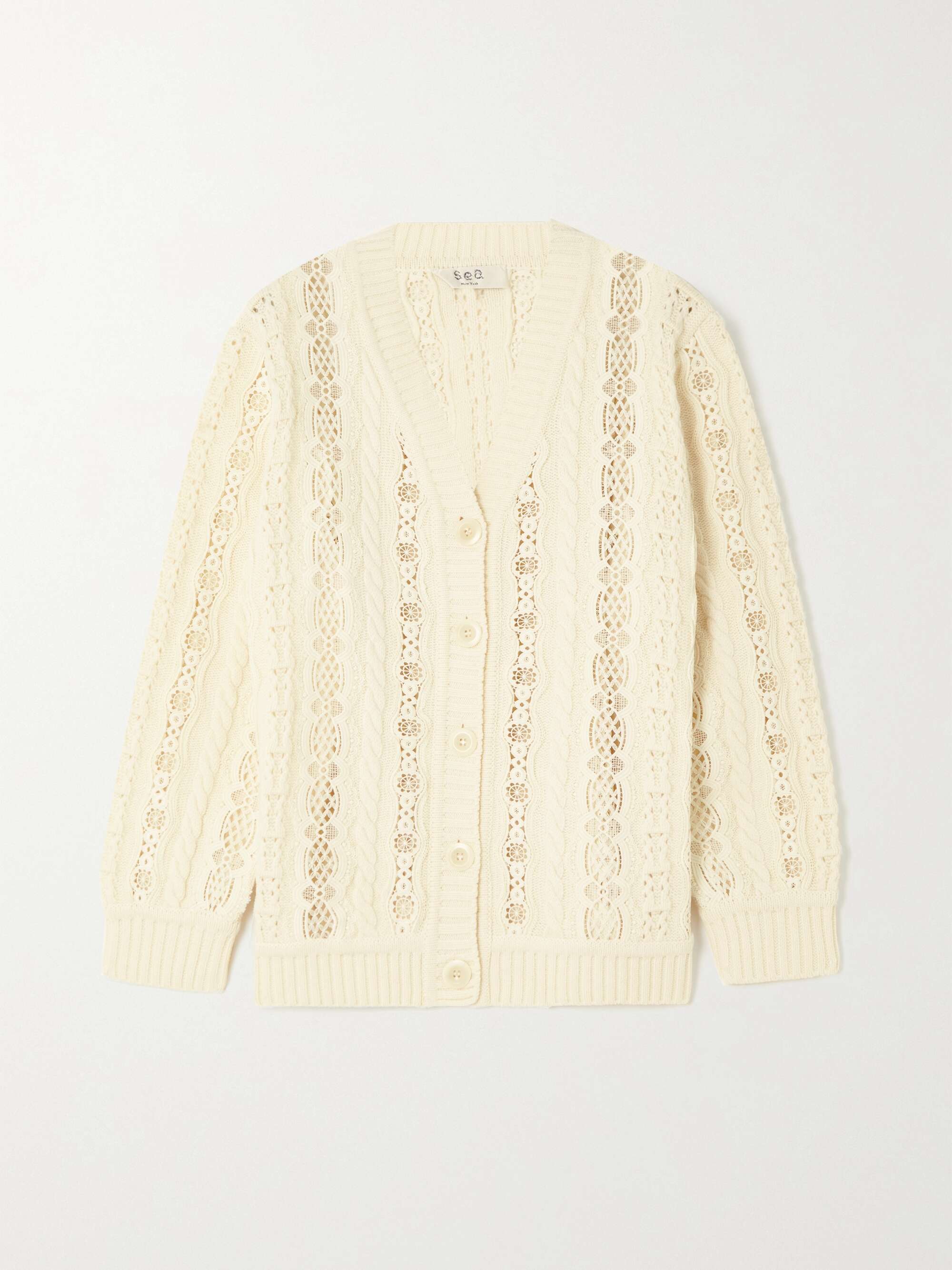 Dentelle lace-paneled cable-knit merino wool cardigan