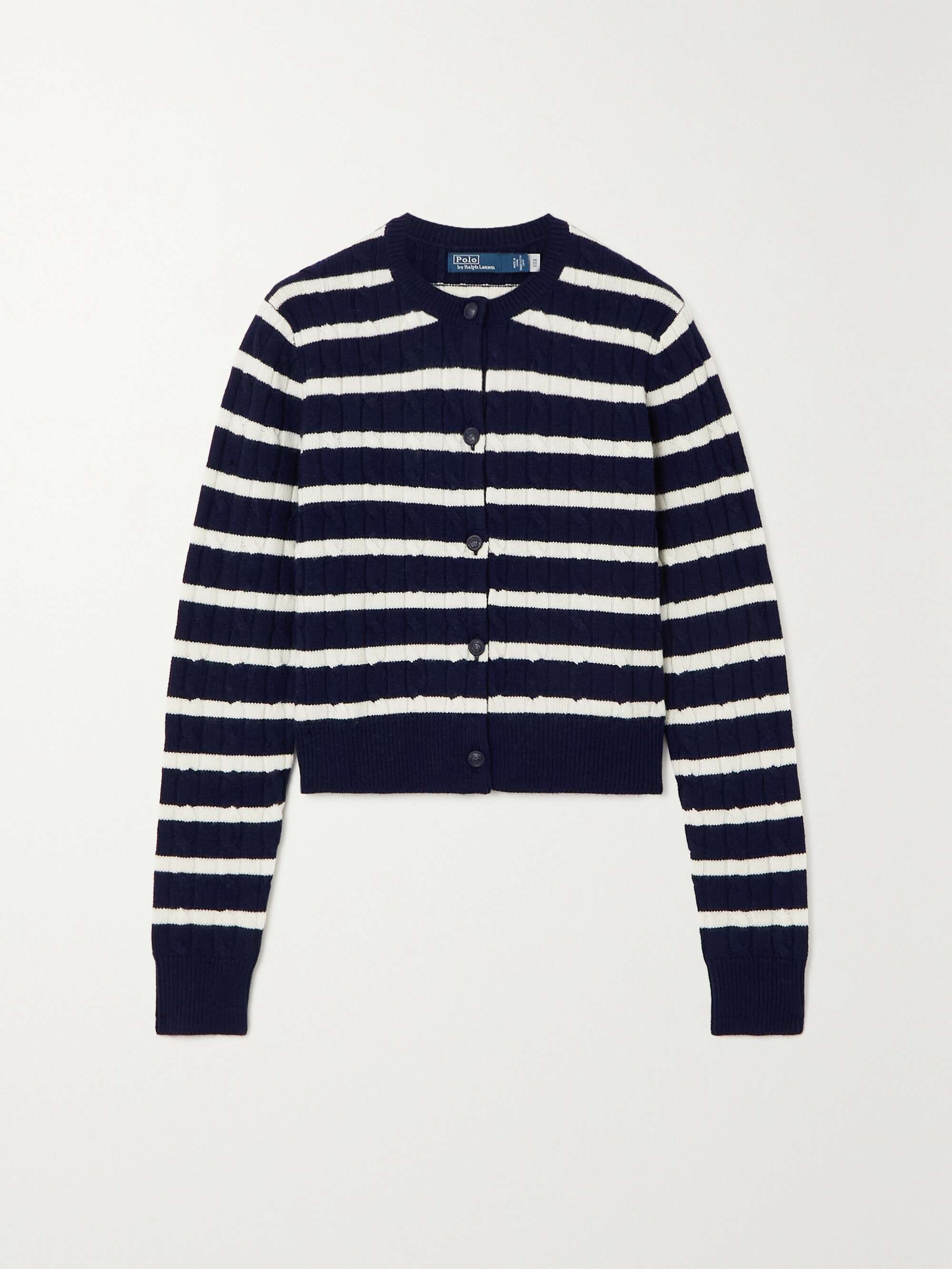 Striped cable-knit wool-blend cardigan