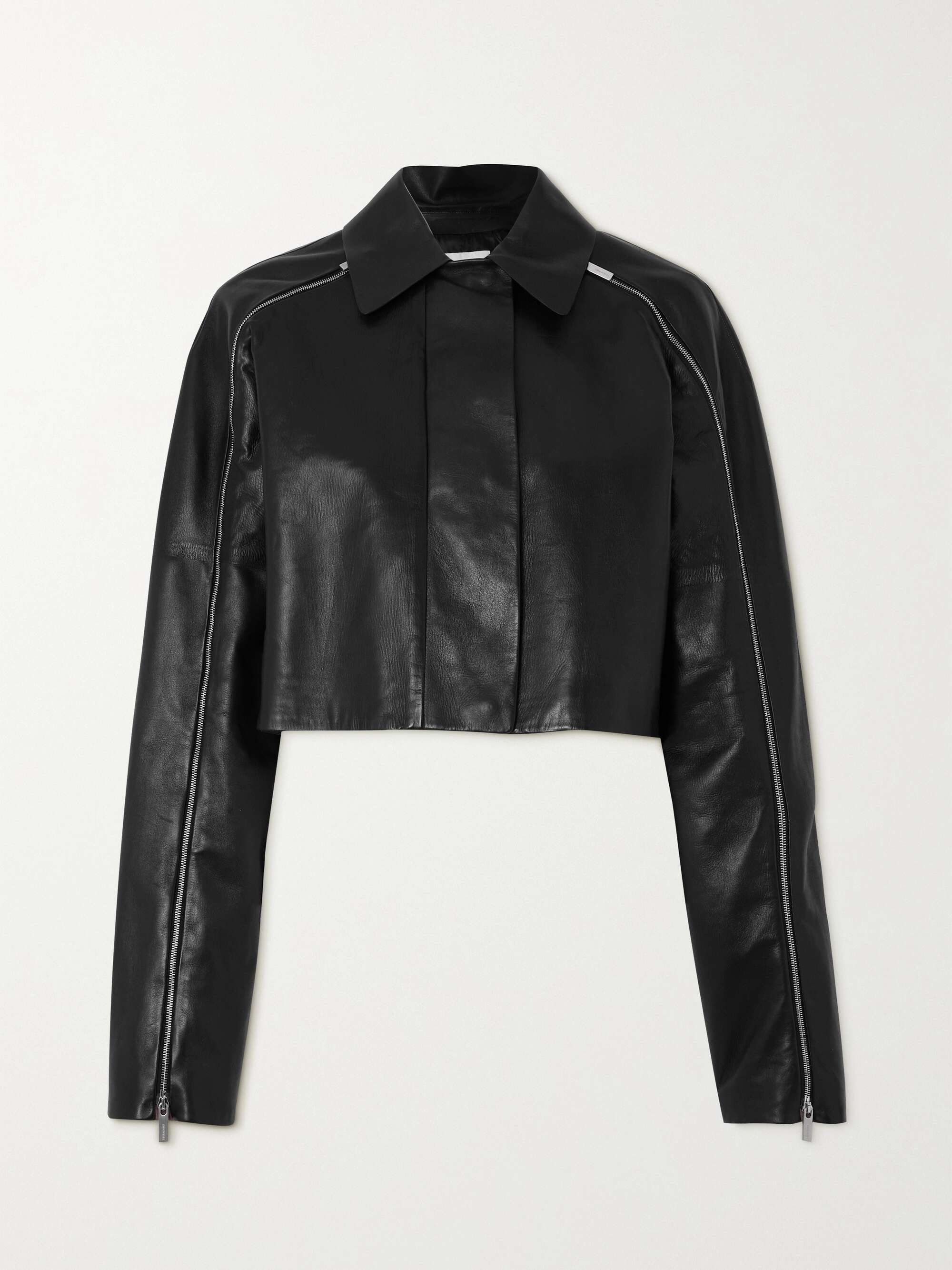 Cropped zip-detailed leather biker jacket