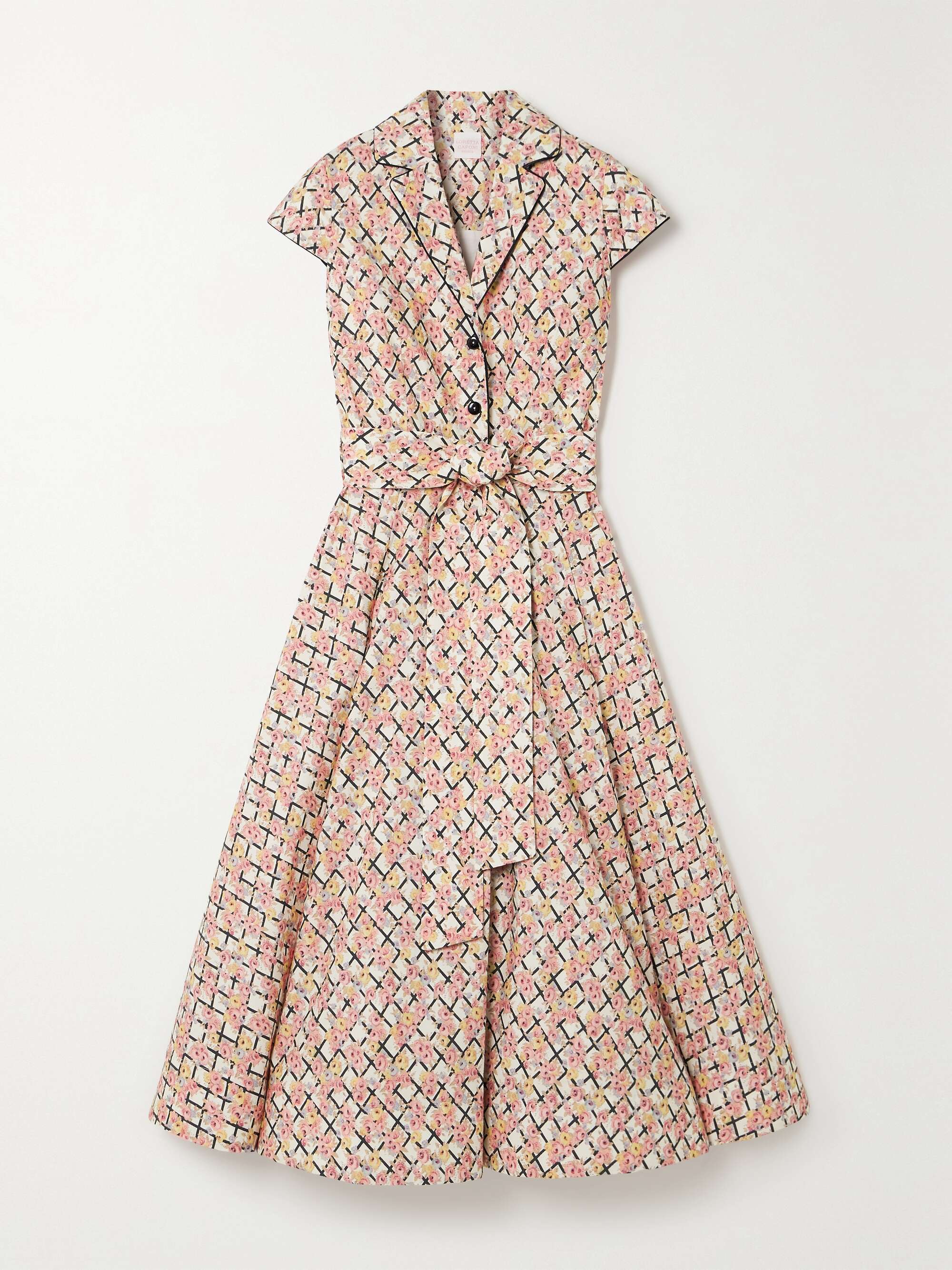 LORETTA CAPONI + NET SUSTAIN Zoe belted piped floral-print cotton-poplin  midi dress | NET-A-PORTER