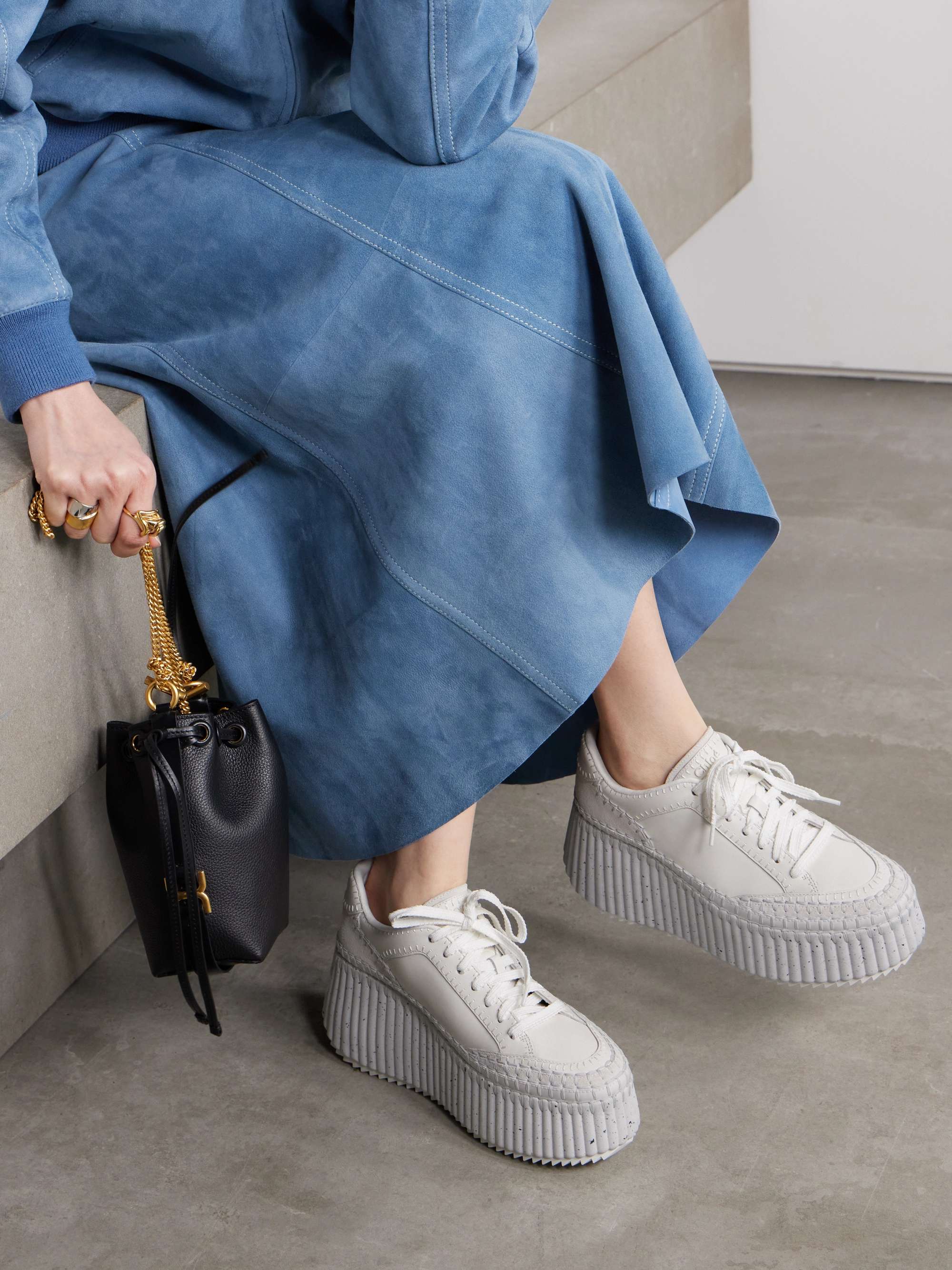 CHLOÉ + NET SUSTAIN Nama embroidered suede and recycled-mesh sneakers
