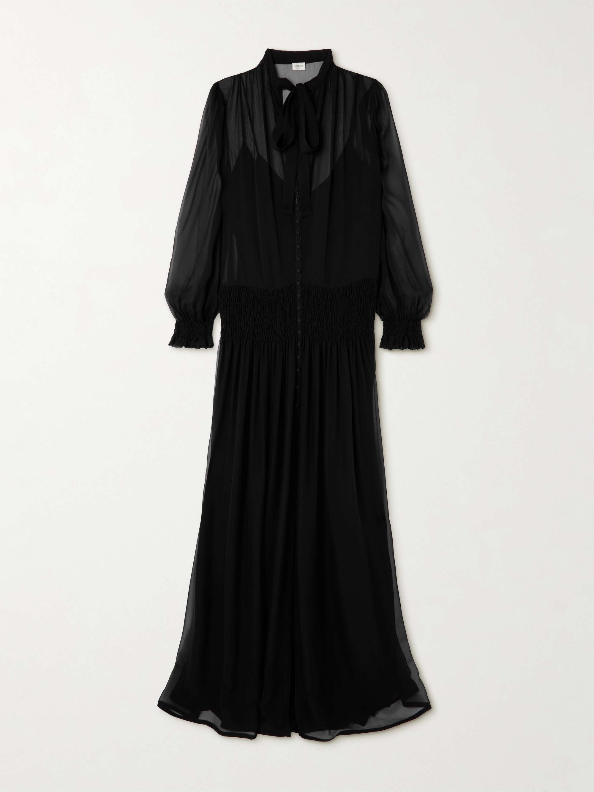 Saint Laurent Pussy Bow Shirred Silk Chiffon Maxi Dress Net A Porter