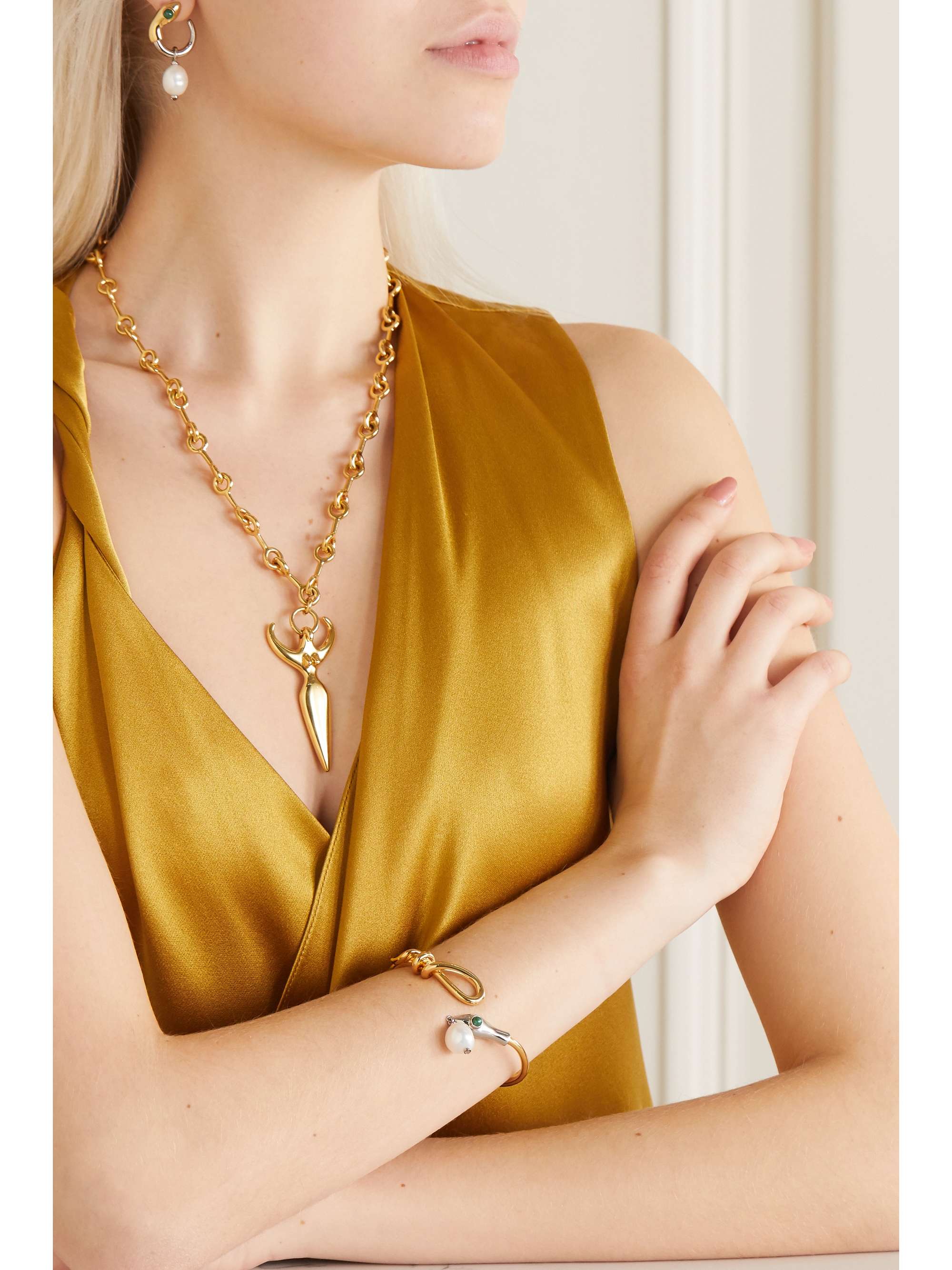 CHLOÉ Gold-tone, silver-tone, pearl and enamel bangle