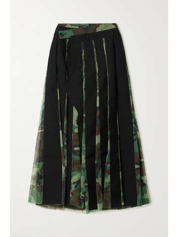 JUNYA WATANABE Paneled wool-twill and camouflage-print tulle midi wrap skirt