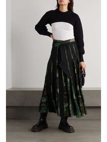 JUNYA WATANABE Paneled wool-twill and camouflage-print tulle midi wrap skirt