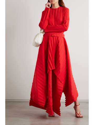 A.W.A.K.E. MODE Asymmetric pleated stretch-cady maxi skirt