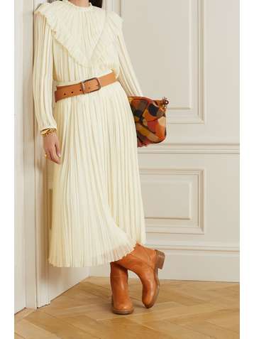 CHLOÉ + NET SUSTAIN asymmetric pleated wool-gauze midi skirt