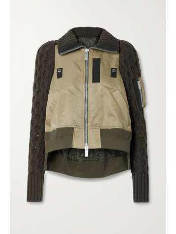 SACAI Paneled shell and cable-knit wool-blend jacket