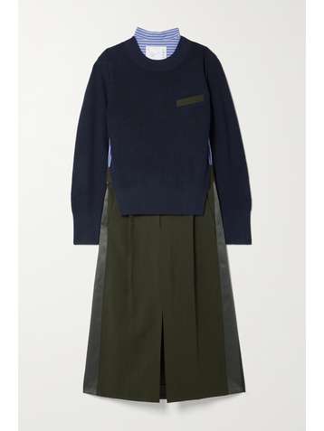SACAI Paneled wool, cady, satin and striped poplin midi dress