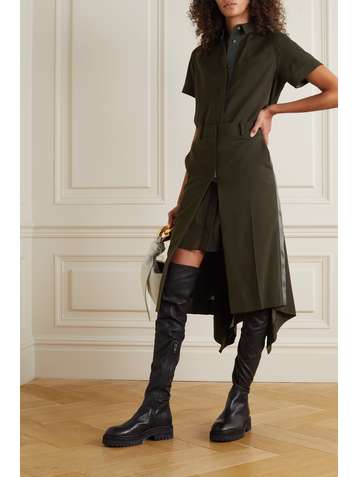SACAI Layered satin-trimmed wool shirt dress