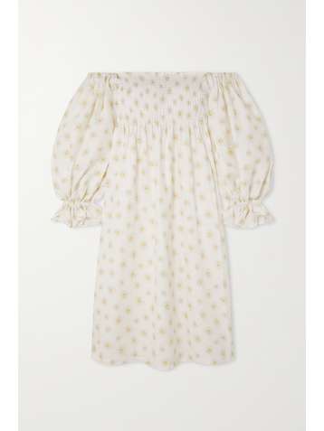 SLEEPER Atlanta off-the-shoulder shirred floral-print linen midi dress