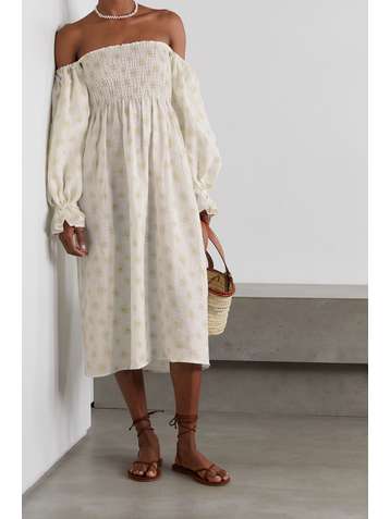 SLEEPER Atlanta off-the-shoulder shirred floral-print linen midi dress