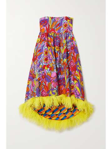 LA DOUBLEJ La Scala feather-trimmed printed cotton-blend midi dress