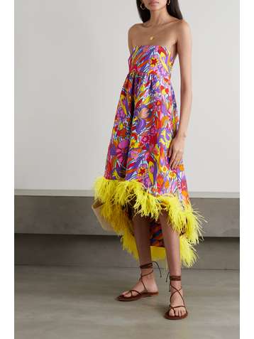 LA DOUBLEJ La Scala feather-trimmed printed cotton-blend midi dress