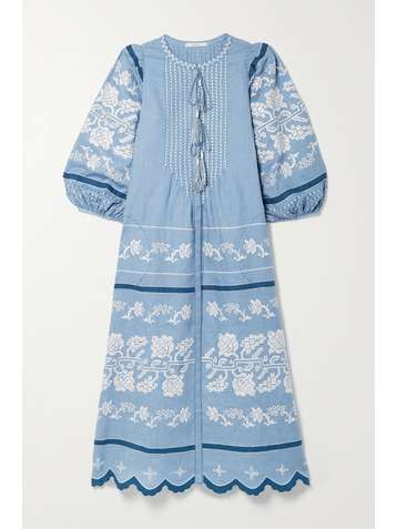 VITA KIN Black Currant tasseled embroidered linen midi dress