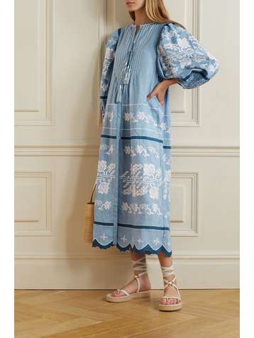 VITA KIN Black Currant tasseled embroidered linen midi dress