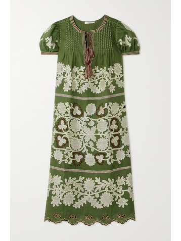 VITA KIN Petra tasseled embroidered linen midi dress