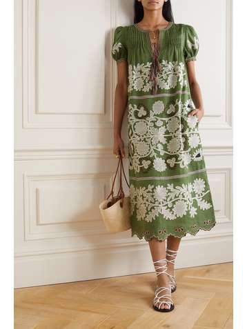 VITA KIN Petra tasseled embroidered linen midi dress