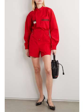 GUCCI Grosgrain-trimmed embroidered bonded-cotton playsuit