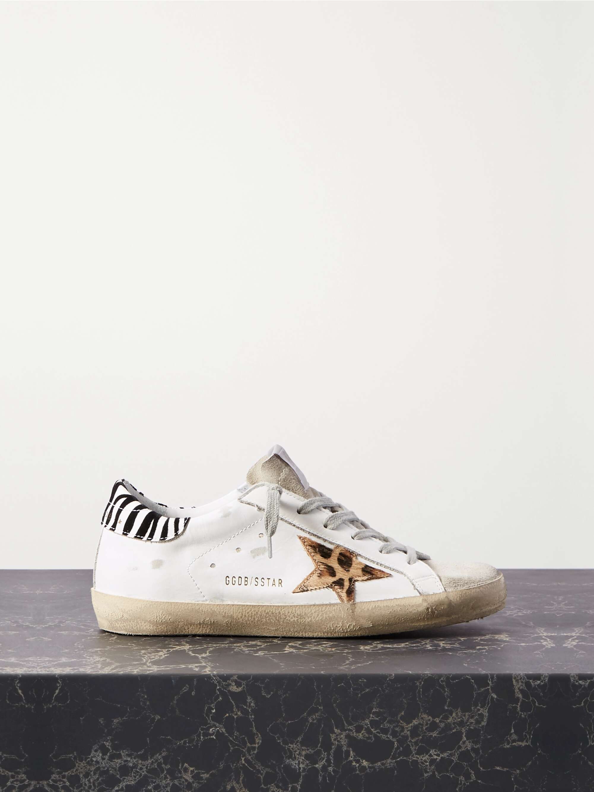 GOLDEN GOOSE Superstar distressed leopard-print hair, leather suede sneakers | NET-A-PORTER