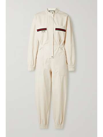 GUCCI Appliquéd grosgrain-trimmed cotton jumpsuit