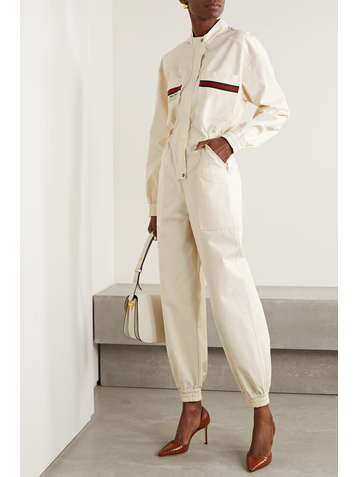 GUCCI Appliquéd grosgrain-trimmed cotton jumpsuit