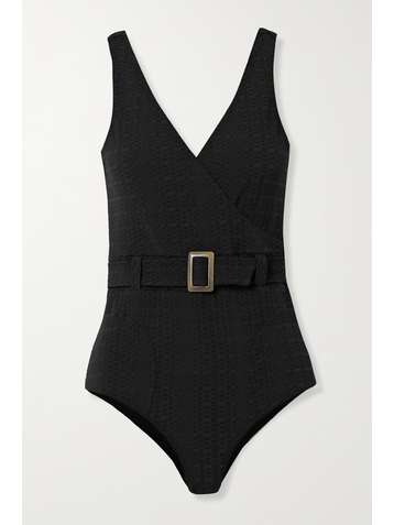 LISA MARIE FERNANDEZ + NET SUSTAIN Yasmin belted wrap-effect seersucker swimsuit