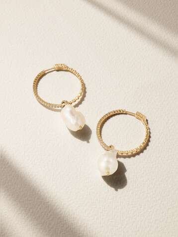 MATEO 14-karat gold, pearl and diamond hoop earrings