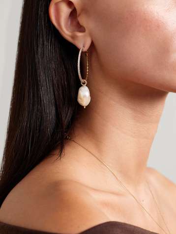 MATEO 14-karat gold, pearl and diamond hoop earrings